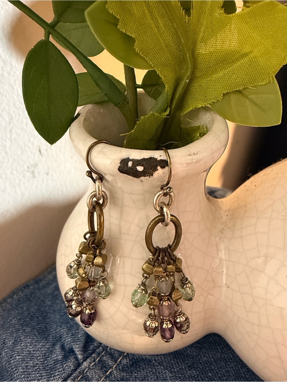 CUSTOM Antique Brass Multicolor Bead Dangle Earrings - Women Jewelry